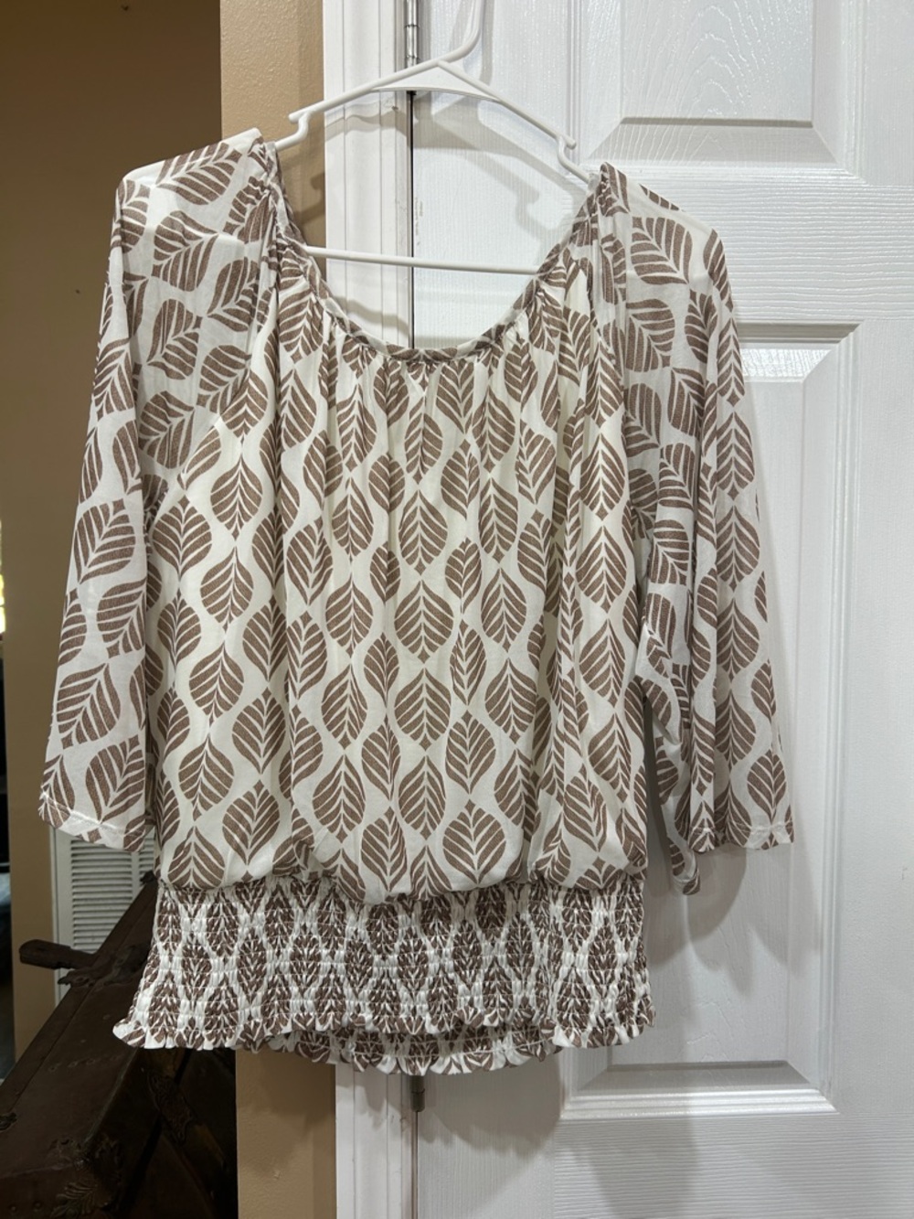 Harper Cream and Brown Leaf-Print Peasant Blouse